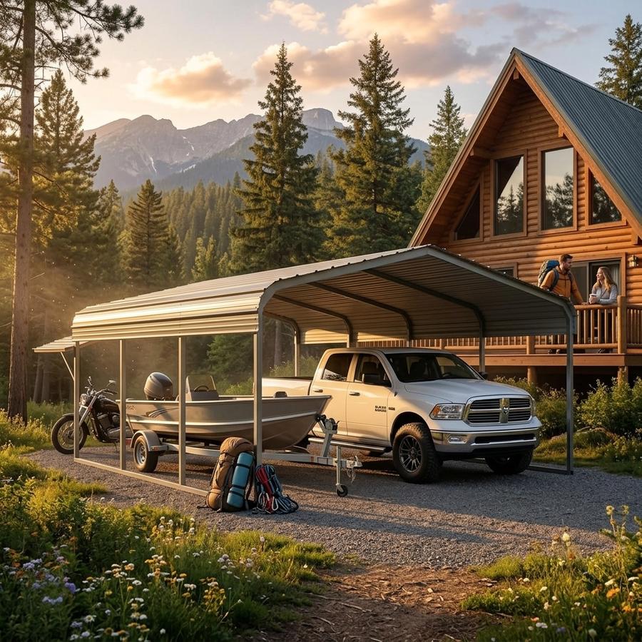 Oversized 12x20 FT galvanized carport on farmland